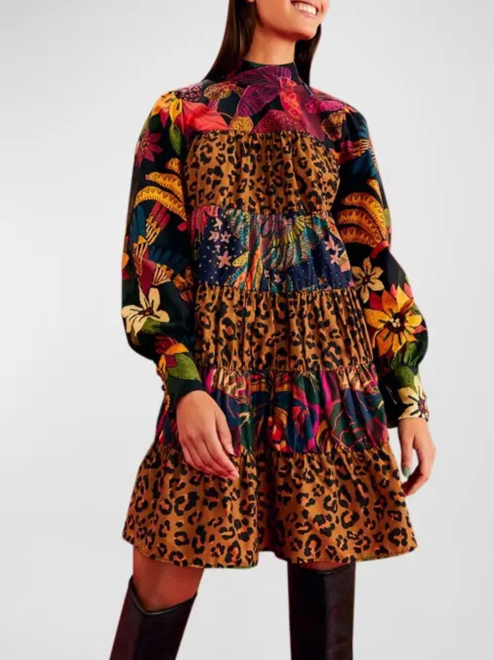 FARM Rio Tiered Mixed-Print Mini Dress in Brown, Black, Green & Pink